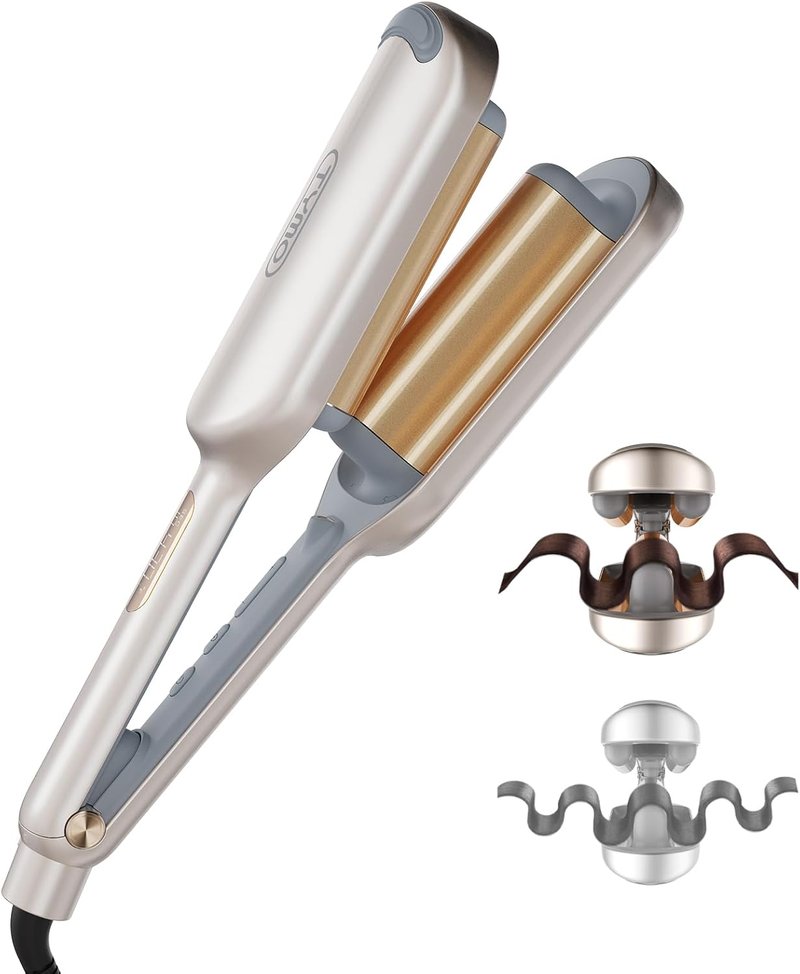 **TYMO ROVY Beach Waves Curling Wand - Ionic 3 Barrel Hair Crimper Tool, Anti-Scald, 1.25 Inch, Elegant Gold**