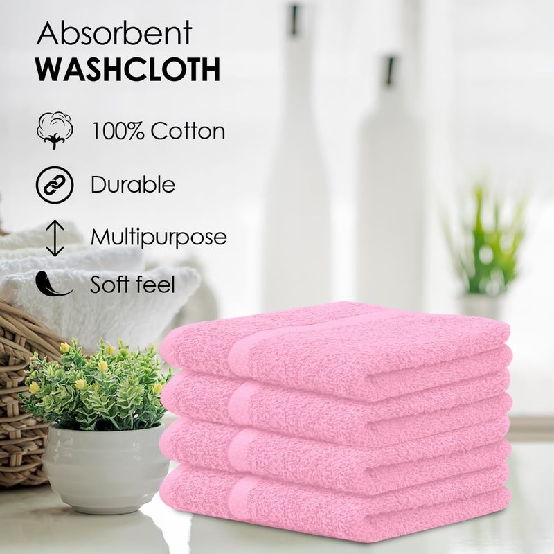 Avalon Towels Cotton Washcloths 24-Pack – 12 x 12 Inch Pink Super Soft & Absorbent Ring-Spun Cotton Wash Cloths for Face, Bath, Spa, Gym, Hotel & Cleaning