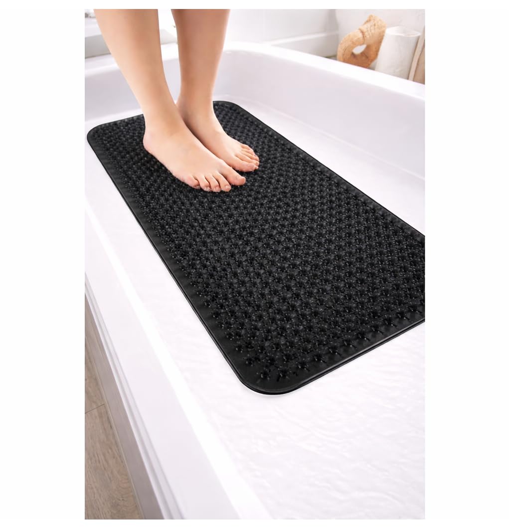 Grass Textured Spa Quality Foot Scrubber Shower Bath Mat Anti-Slip 24.5" x 13.5" Comforts Tired Feet Black