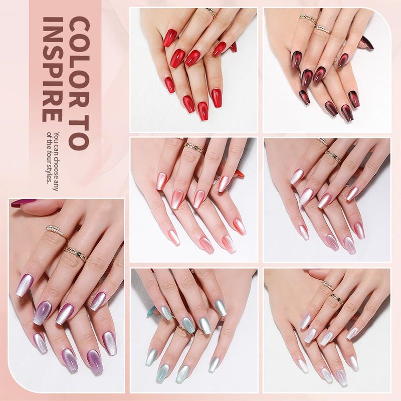 Red Medium Coffin Press On Nails, Cat Eye Press on Nails, Fashion Gel Fake Nails, Reusable Red Fake Nails, Glossy Stick on Nails for Women Girls, Glue on Nails Kit 32Pcs, Ballet Heatwave
