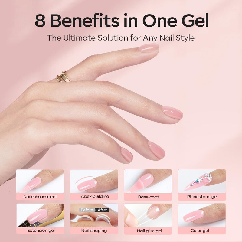 Builder Nail Gel - 8-In-One Nude Pink Acid-Free Formula | Thickening Apex Finish, 10ml for Home DIY Salon