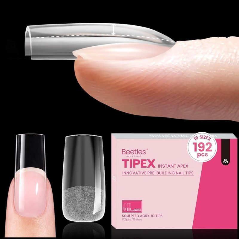 Beetles Tipex Instant Apex Nail Tips, Square Medium, 16 Sizes (00–14), 192pcs, Built-In Apex, No Builder Gel Required, Thicker Strong Acrylic Tips for DIY Nail Extensions