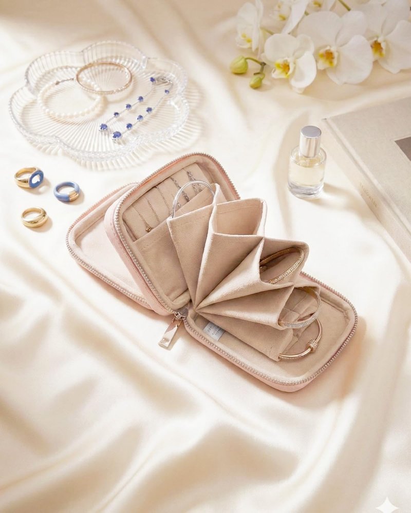 Jewelry Organizer - Flat Travel Case for No-Tangle Storage | Pink Pouch for Earrings, Necklaces, Rings & More