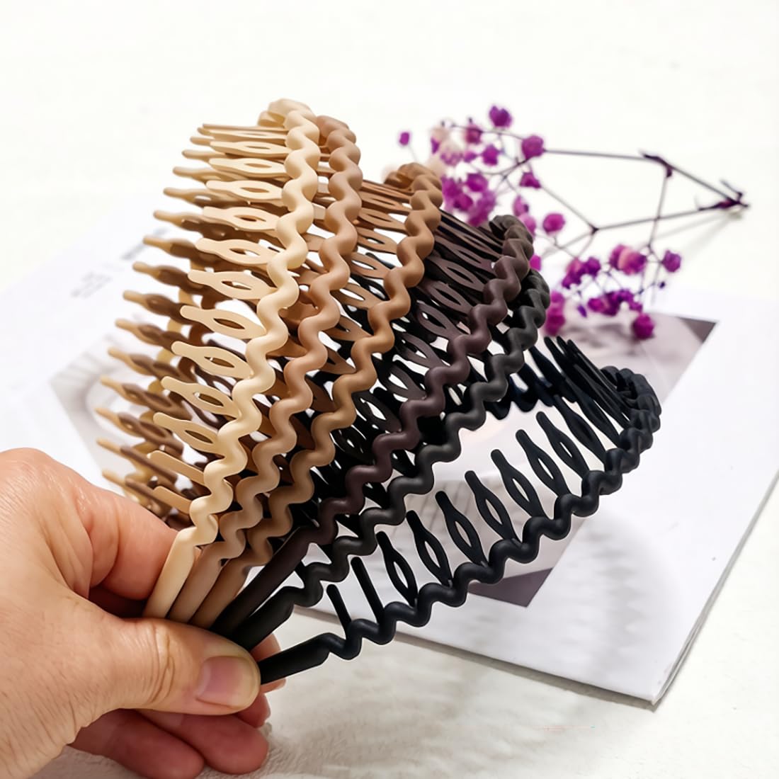 Springtime Wave Plastic Headbands for Women Girls, Flexible Comb Non-slip Hair Bands, Thin Zigzag Hair Accessories in Brown Beige Black Burgundy, Fashion Headwear for Women 6 pack