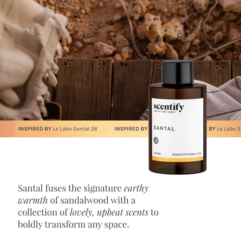 Scentify Santal Aroma Oil Refill Scent for Oil Diffusers - Iris, Amber, Sandalwood, Cedar Scents - Luxurious Relaxing Aromatherapy Diffuser Fragrance 100ml, 3.38 oz