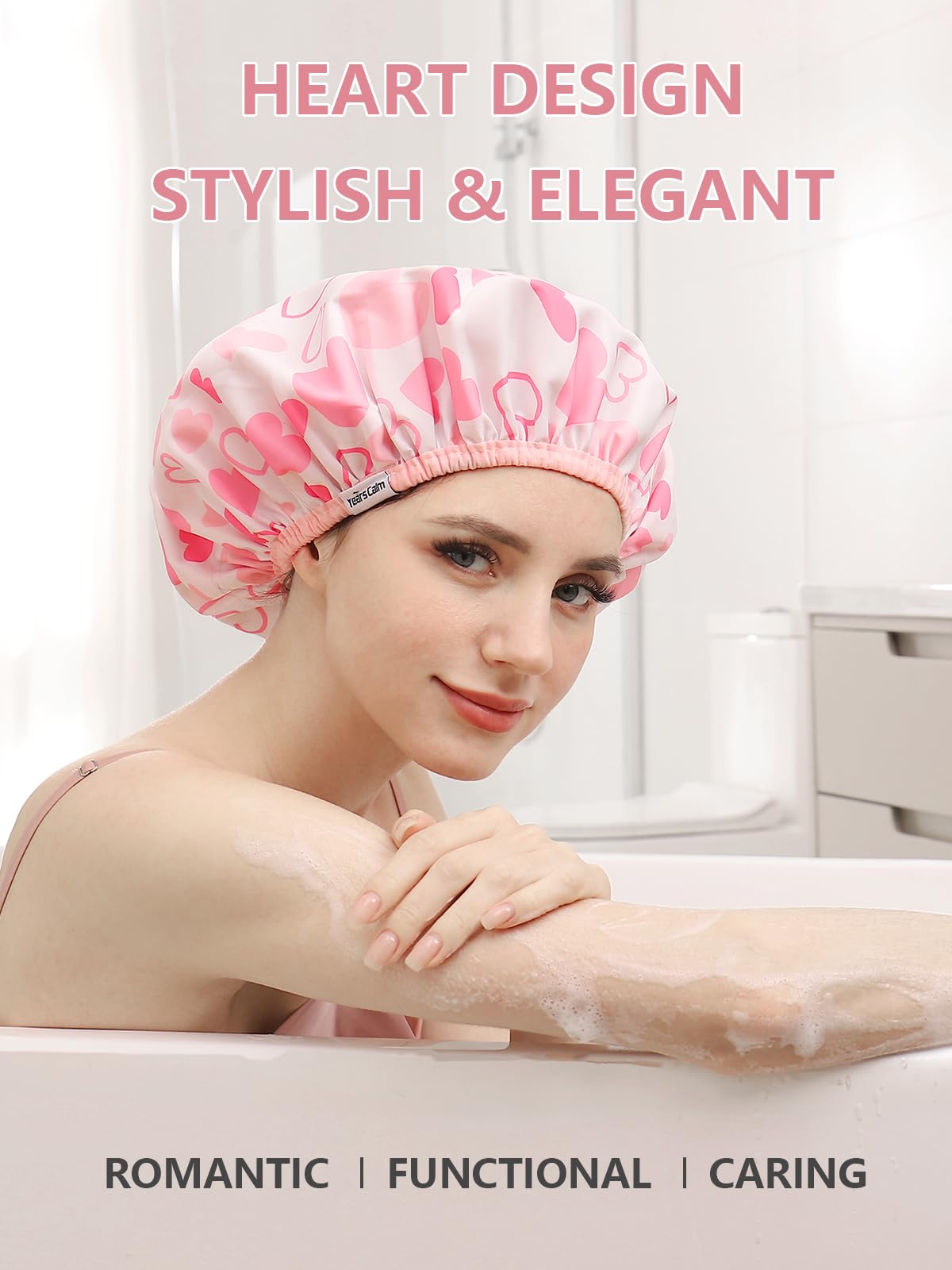 Years calm Shower Caps for Women Reusable Waterproof, Double Layer Waterproof Fabric - Both Sides Usable, Reversible Pattern & Solid Color Design, Soft Elastic Keeps Hair Dry for shower Spa Travel