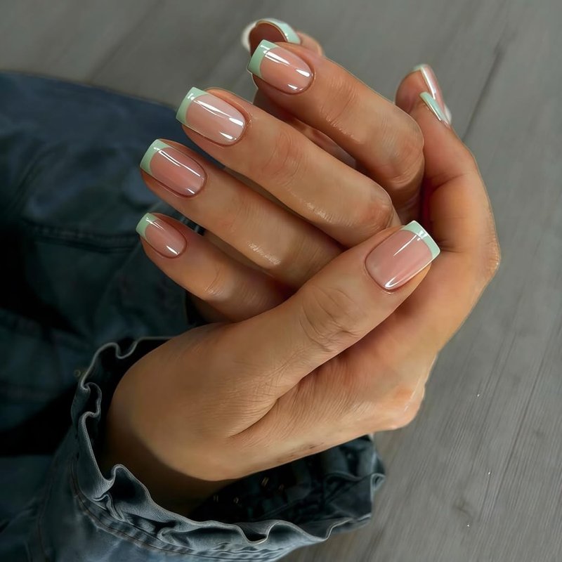 KXAMELIE Press On Nails Short - Square French Tip Press On Nails with Glue, Natural Nude Fake Nails in 15 Sizes - 30 Soft Gel Glue on Nails Kit for Women, Supremely Fit, Elegant Light Green French