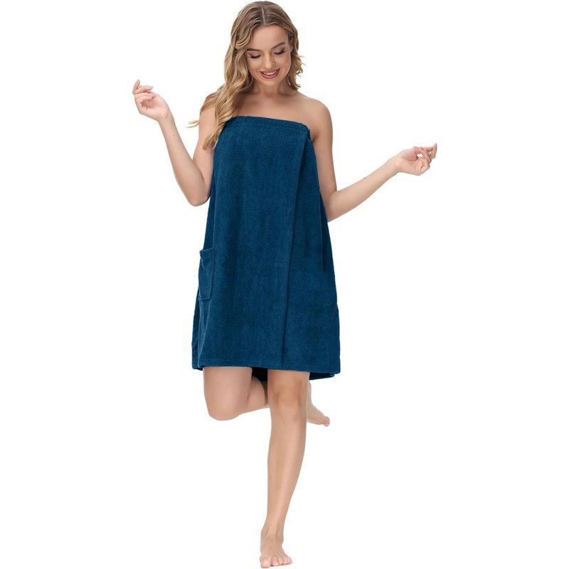 DAN RIVER Premium Cotton Terry Shower Wrap for Women, Ultra Soft Bath Robe After Shower with Pockets,Pack of 1 - Blue Opal
