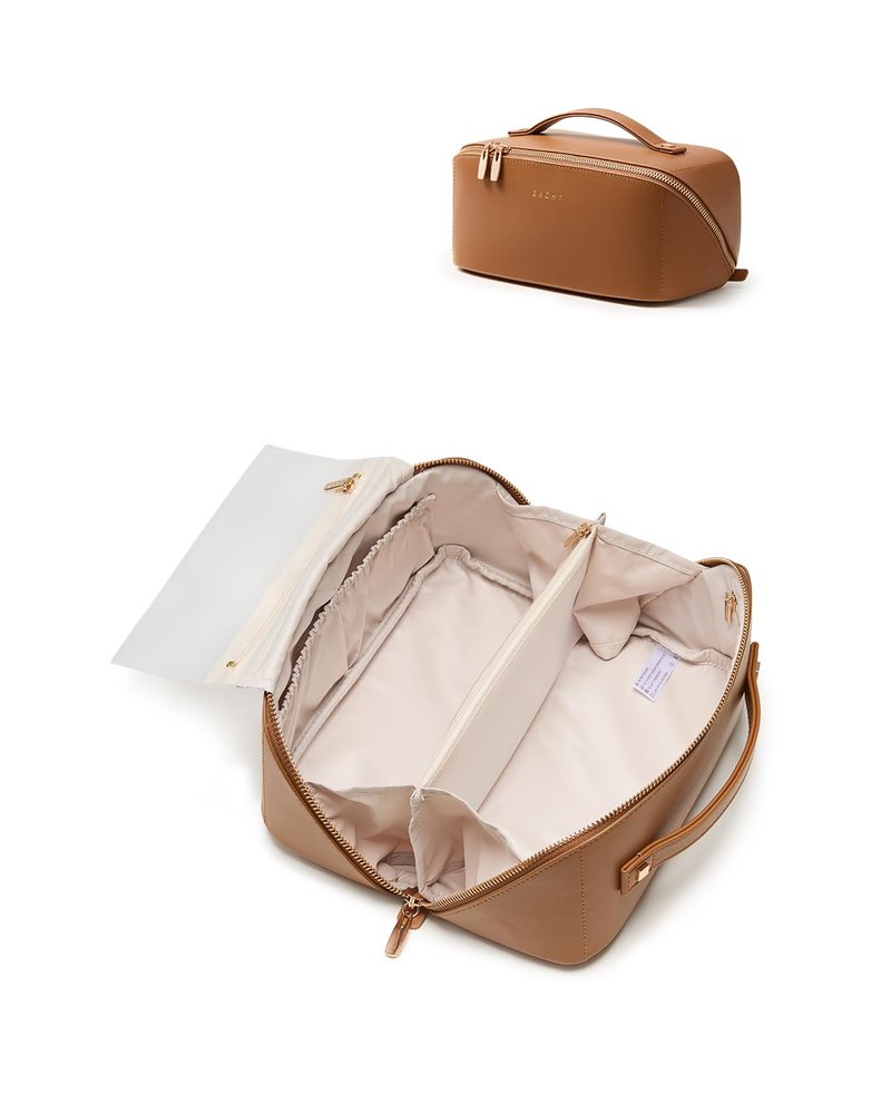 EACHY Travel Makeup Bag, 2.0 Cosmetic Bag for Women, Waterproof PU Leather,Flat Open Portable Toiletry Bag for Skincare, Brushes & Travel Essentials