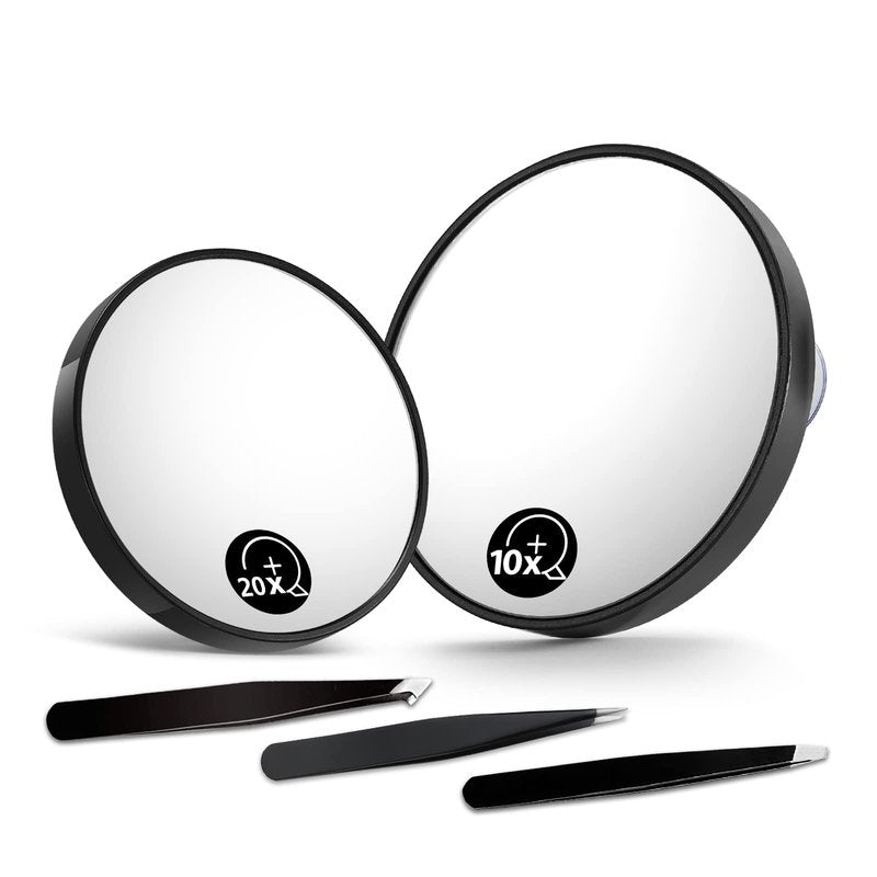 OMIRO 10X&20X Magnifying Mirrors and 3 Tweezers Set Combo, 4.5" & 3.5" Triple Suction Cups Round Spot Mirrrors