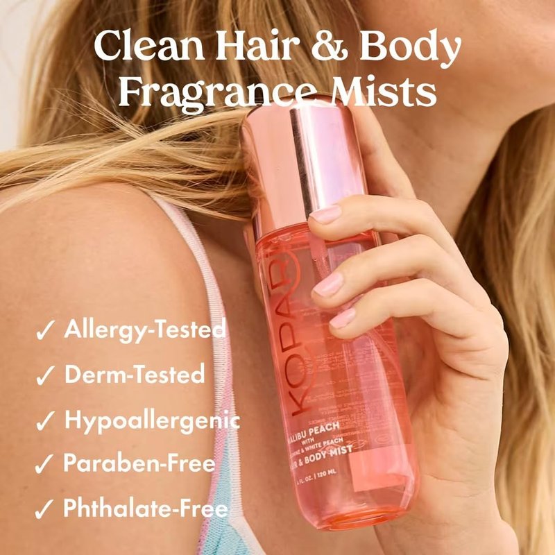 Kopari Hair & Body Mist Malibu Peach, Long-Lasting Playful Vibrant Tropical Scent, Warm Floral Fragrance, Blend of Peach with a Kiss of Jasmine, 4 oz
