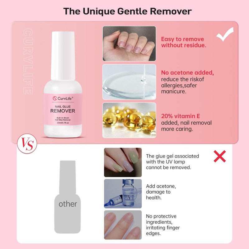 Curvlife Multi-functional Brush-on Nail Glue Remover 20ml for Press On and Fake Nails - Cuticle Pusher for Women