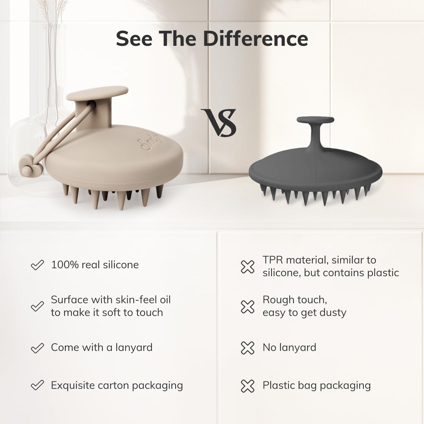 Sndyi Silicone Scalp Massager Shampoo Brush, Hair Scrubber with Soft Silicone Bristles, Scalp Scrubber/Exfoliator for Dandruff Removal, Wet Dry Scalp Brush for Hair Growth & Scalp Care, Khaki