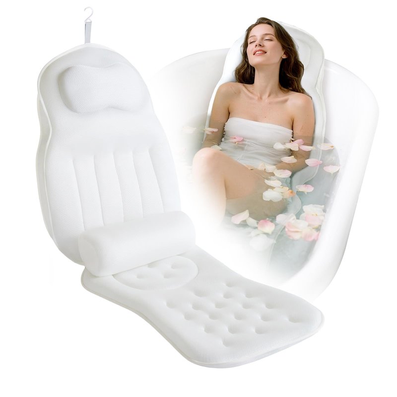 Full Body Bath Pillow for Bathtub,Thick Bathtub Cushion Soft 5D Mesh Spa Cushion,Luxury Tub Pillow with Laundry Bag for Headrest Neck and Back Support,Gift for Soaking (White)