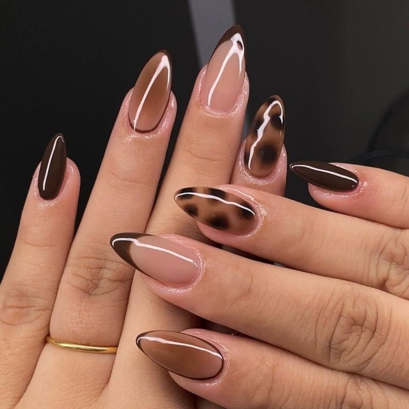 Almond Press on Nails Short Fall Fake Nails with Designs Press on Almond Nails Glossy French Tip Gel False Nails Kits Brown Acrylic Full Cover Stick on Nail for Women 24PCS