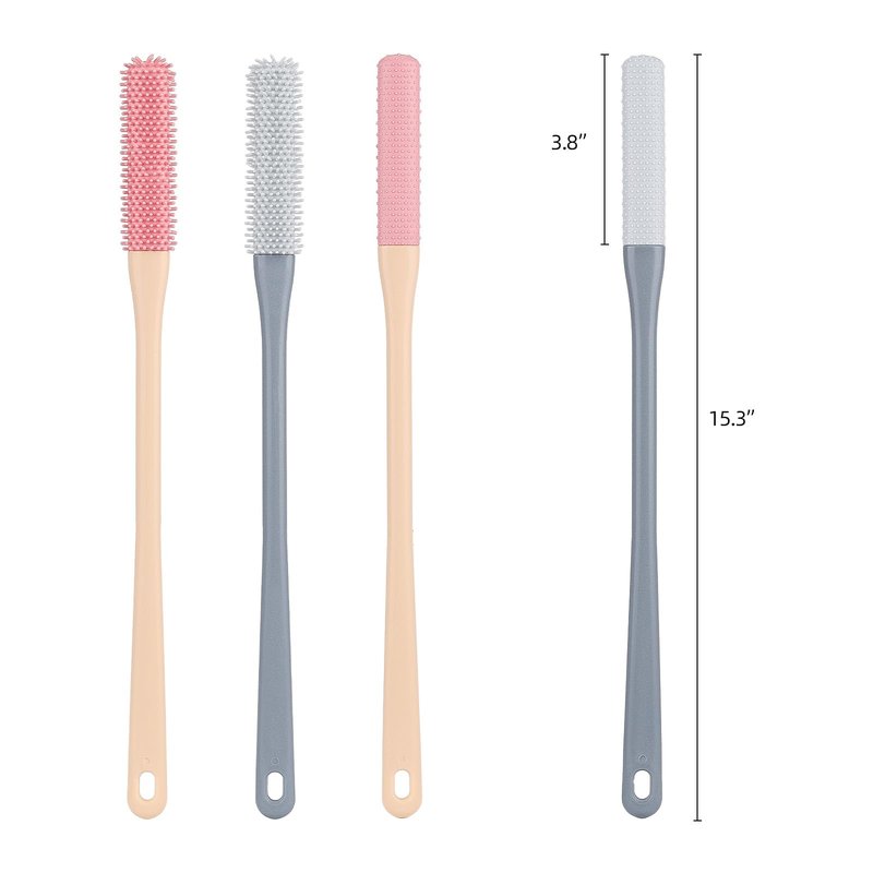 4-Pack Silicone Foot Scrubber & Toe Cleaning Brush with 15.3" Long Handle - No-Bend Shower Design for Seniors & Men & Women (Pink & Grey)