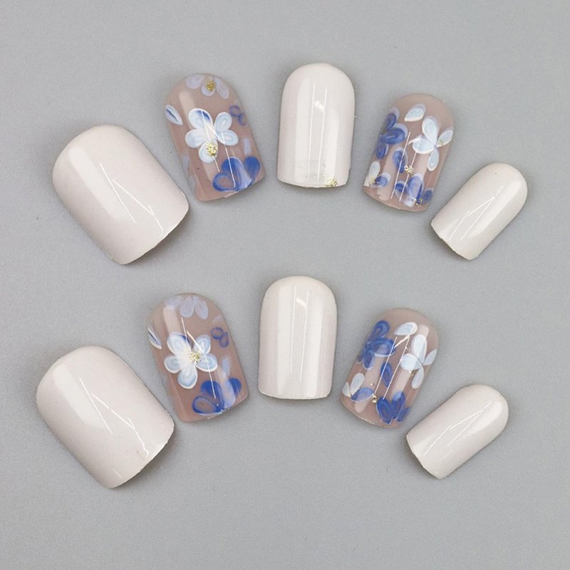 Short Square Press-On Nails - Glossy White Acrylic Nail Art Kit with Floral Designs | 24 Pcs Full Cover