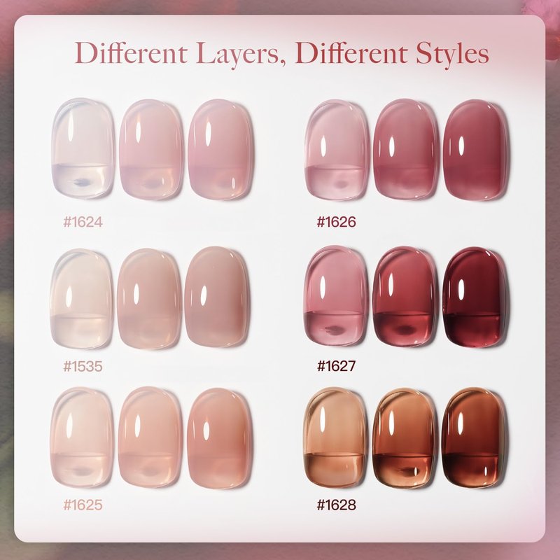 Rose Garden Jelly Gel Nail Polish Set - 6 Transparent Nude & Red Shades | DIY Manicure Kit for Salon Quality Nails