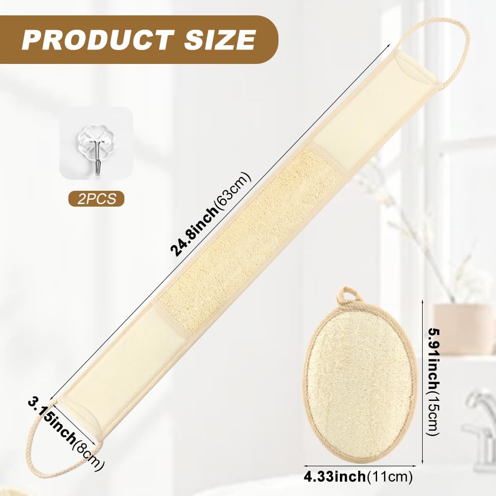 Natural Loofah Shower Back Scrubber Set, luffa Exfoliating Bath Strap, Back exfoliator for Shower, Textured Body Scrubber for Men and Women, with Hooks