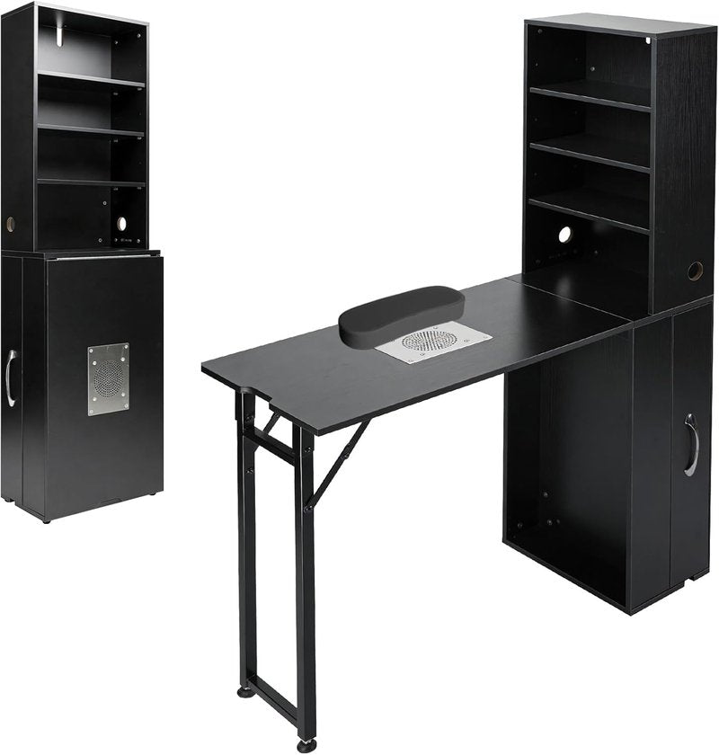 Portable Foldable Nail Desk with Dust Collector - Black Manicure Table with Storage & Hand Rest
