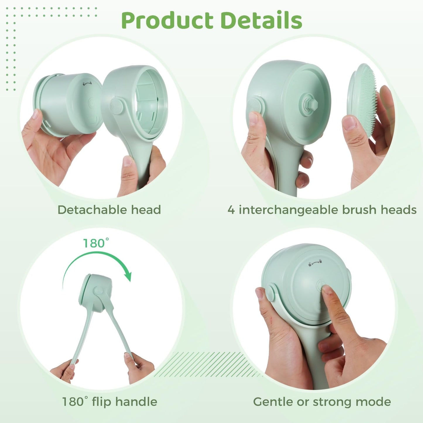Electric Body Brush for Shower with 4 Replaceable Heads, 14.9 in Long Handle Back Scrubber, 2-Speed Adjustable Waterproof Power Body Scrubber, Rechargeable Bath Brush for Exfoliating and Cleaning