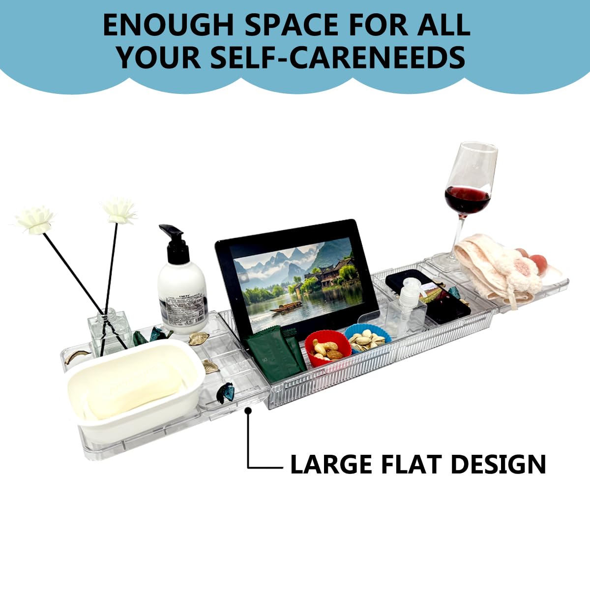 lizeisadi Large Capacity Adjustable Bath Tub Tray - Transparent Acrylic Rectangular Modern Bathroom Tray - Easy Clean, Sturdy Durability - Fits Most Bathtubs (Extended Edition)