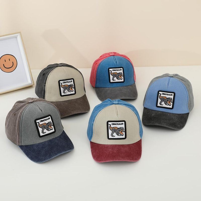 Kids Red Dinosaur Cap Toddler Boy Gifts Adjustable Embroidered Sun Hat Baseball Denim Hat Outdoor Play Size 2-8 Years