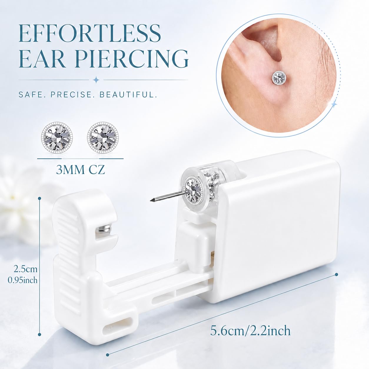 Anzero Ear Piercing Kit Disposable Ear Cartilage Piercing Gun Kit with Sterile CZ Studs, Painless Piercing Gun for Home Self-Use, Easy & Safe Piercing for Women, Men & Girls - 3MM