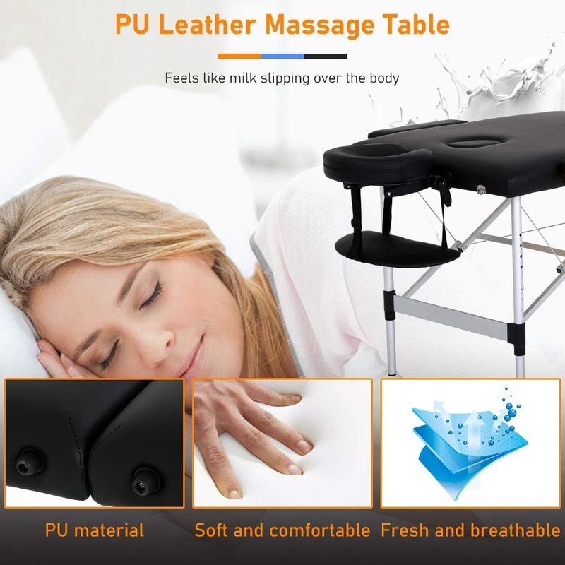 Foldable Massage Table - Portable 73 Inch Adjustable Salon Bed with Aluminum Legs & Carry Case | Supports 450 lbs - Black