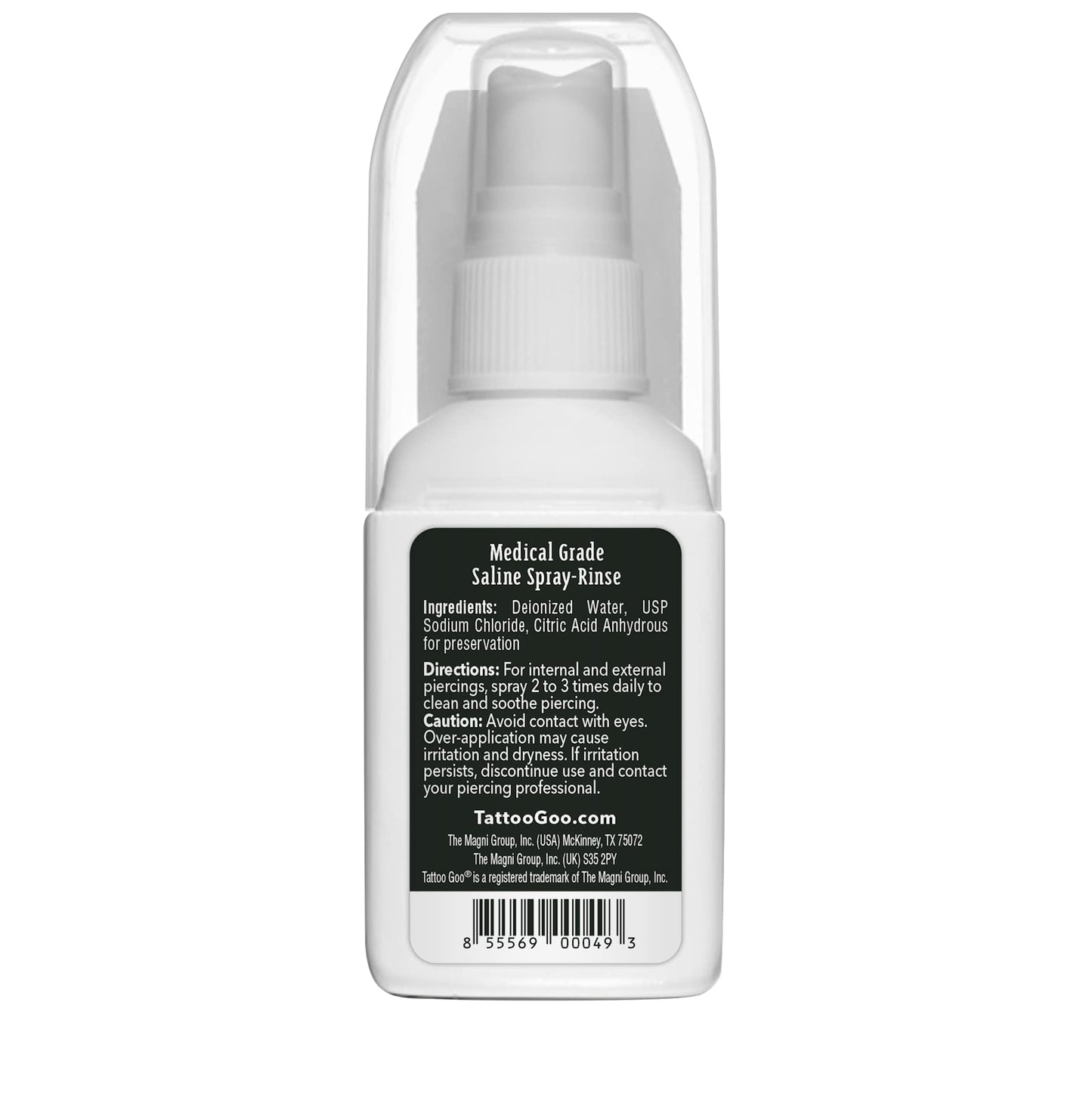 Tattoo Goo Saline-Spray Rinse, Aftercare Spray & Rinse for Piercings - Safely Cleans with Sodium Chloride 99.9% - 2 oz