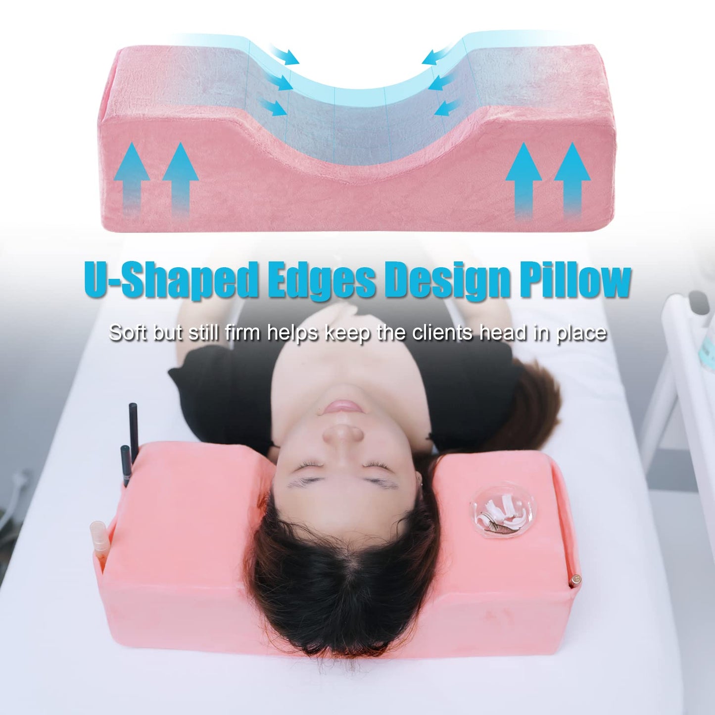 Toymay Comfortable Eyelash Extension Neck Pillow,Memory Foam Neck Contour Pillow for Sleeping Support,Beauty Salon Lash Grafting Pillow,Removable Pink Velvet Cervical Pillow
