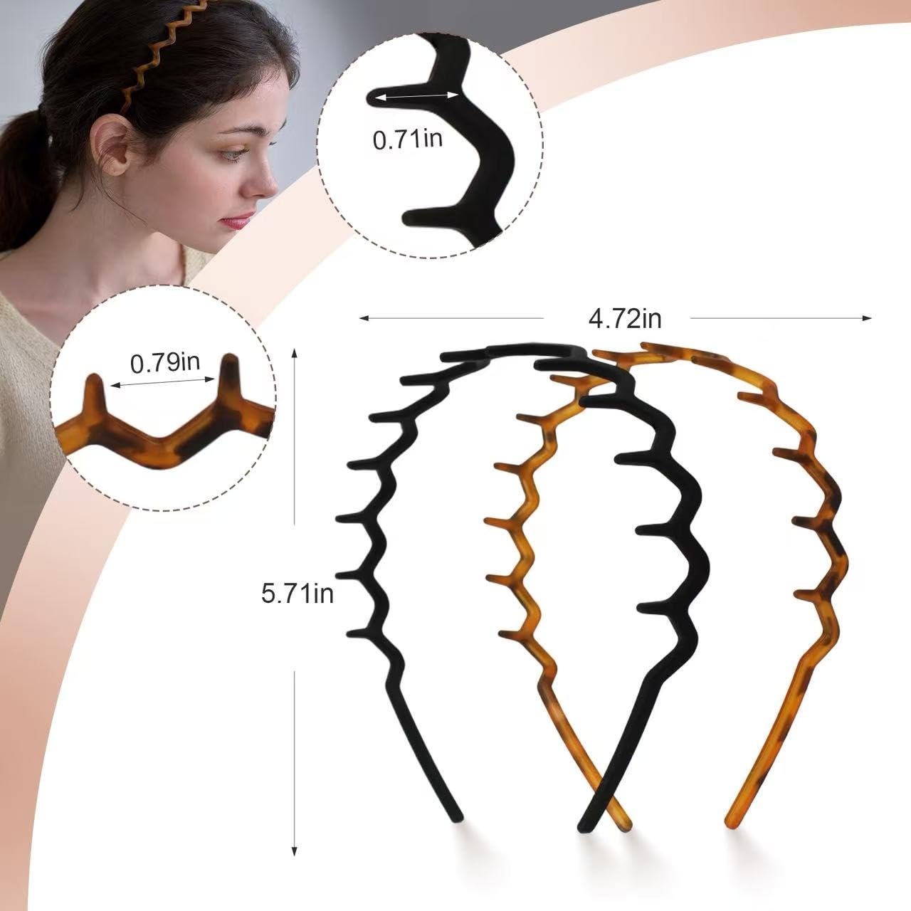 Zig Zag Headbands for Women - Non-Slip Comfortable Comb Design | Tortoise & Black - 2 Pack Fashion Accessories