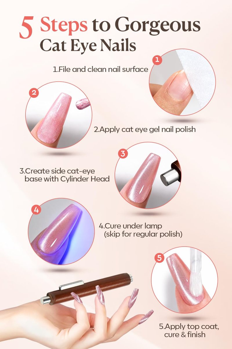 AzureBeauty 4-in-1 Cat Eye Magnet for Nails，Wooden 3-Head Nail Magnet Pens with Round Ball, Multi-Function Nail Magnets for Cat Eye Gel Polish DIY at Home Salon (Magnet Only, No Gel Included)