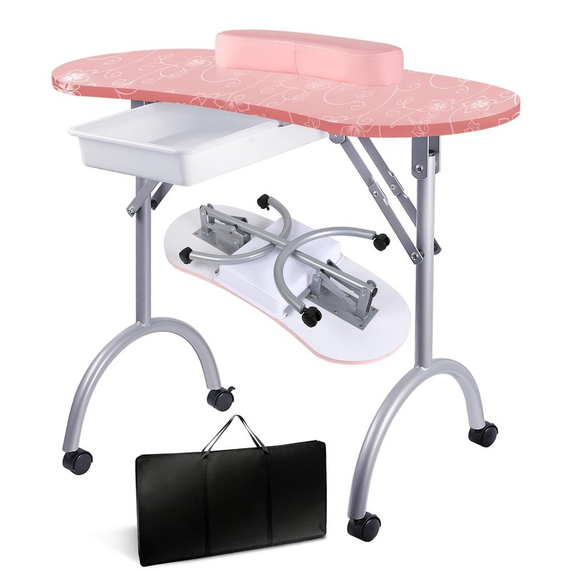 Senrob Portable Foldable Nail Desk for Nail Techs Manicure Table with Drawer & Wrist Rest, Wheeled Nail Tech Workstation (Pink)