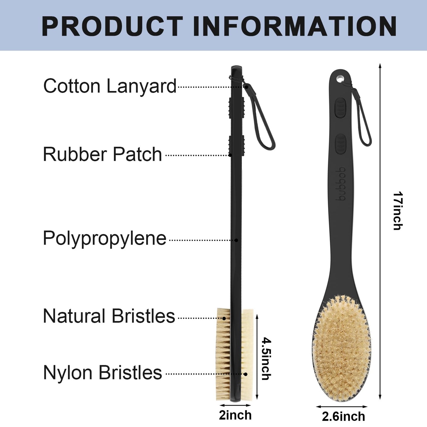 Back Scrubber for Shower with Long Handle, Exfoliating Bath Brush for Body - Double Sided Bristles (Stiff & Soft), Anti-Slip Grip, Lightweight - Gift for Seniors, Includes Lanyard & Hook,Black