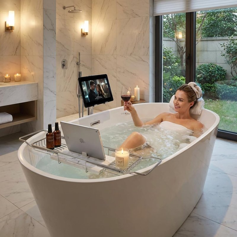 Bathtub Tray Caddy for Luxury Bath, Stainless Steel 26.8-35.4 in Expandable Extra Wide Bath Tub Tray with Natural Marble and Mobile/Tablet Stand, Ideal for Home Spa Lovers (Silver + White)