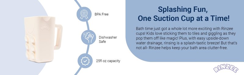 Rinzee® Baby Bath Rinse Cup with Suctions – Soft Silicone Shampoo Rinser for Kids – BPA‑Free, Drains Upside Down, Sticks to Tiles. Patent Pending