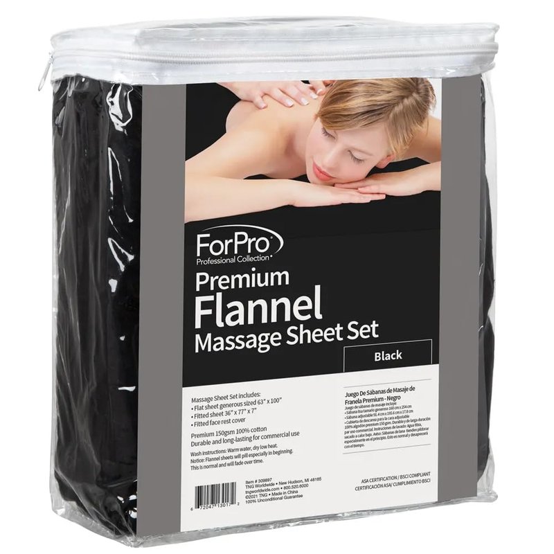 ForPro Professional Collection Premium Flannel 3-Piece Massage Sheet Set for Massage Tables, Includes Flat Sheet, Fitted Sheet and Fitted Face Rest Cover, Black
