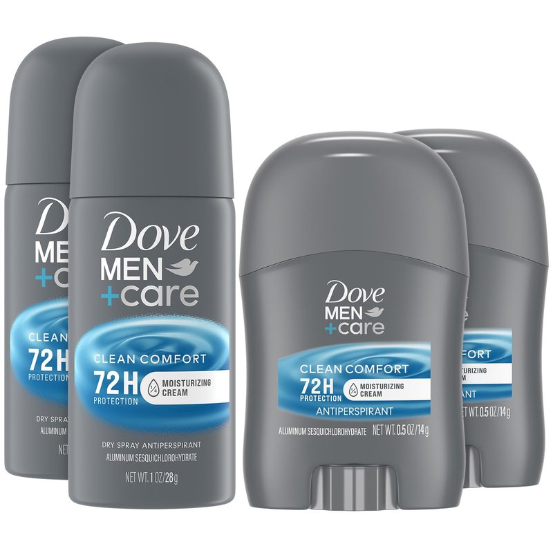Dove Men’s Antiperspirant Spray & Stick Set - Clean Comfort 72H Protection | Travel Size (4 Pieces)