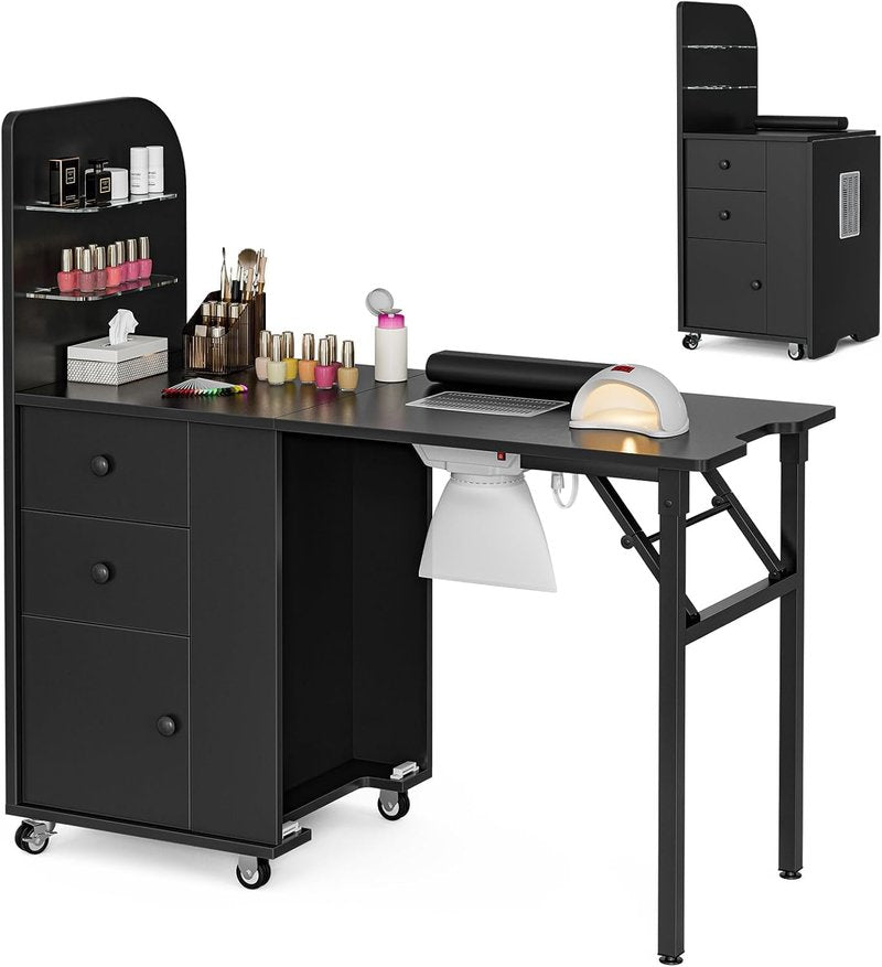 Skiennix Foldable Nail Desk - Portable Manicure Table with Dust Collector & Storage | Lockable Wheels