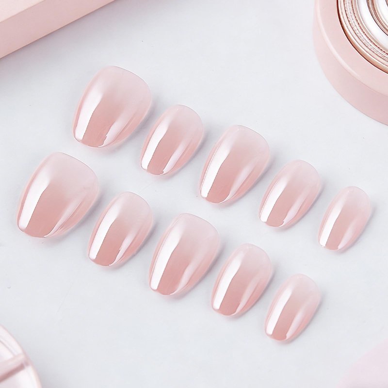 32pcs Almond Press On Nails Short Fake Nails Nude Pink False Nails With Chrome Design Full Cover Artificial Glossy Cute Acrylic Nail Mirror Metal Stick On Nail For Women