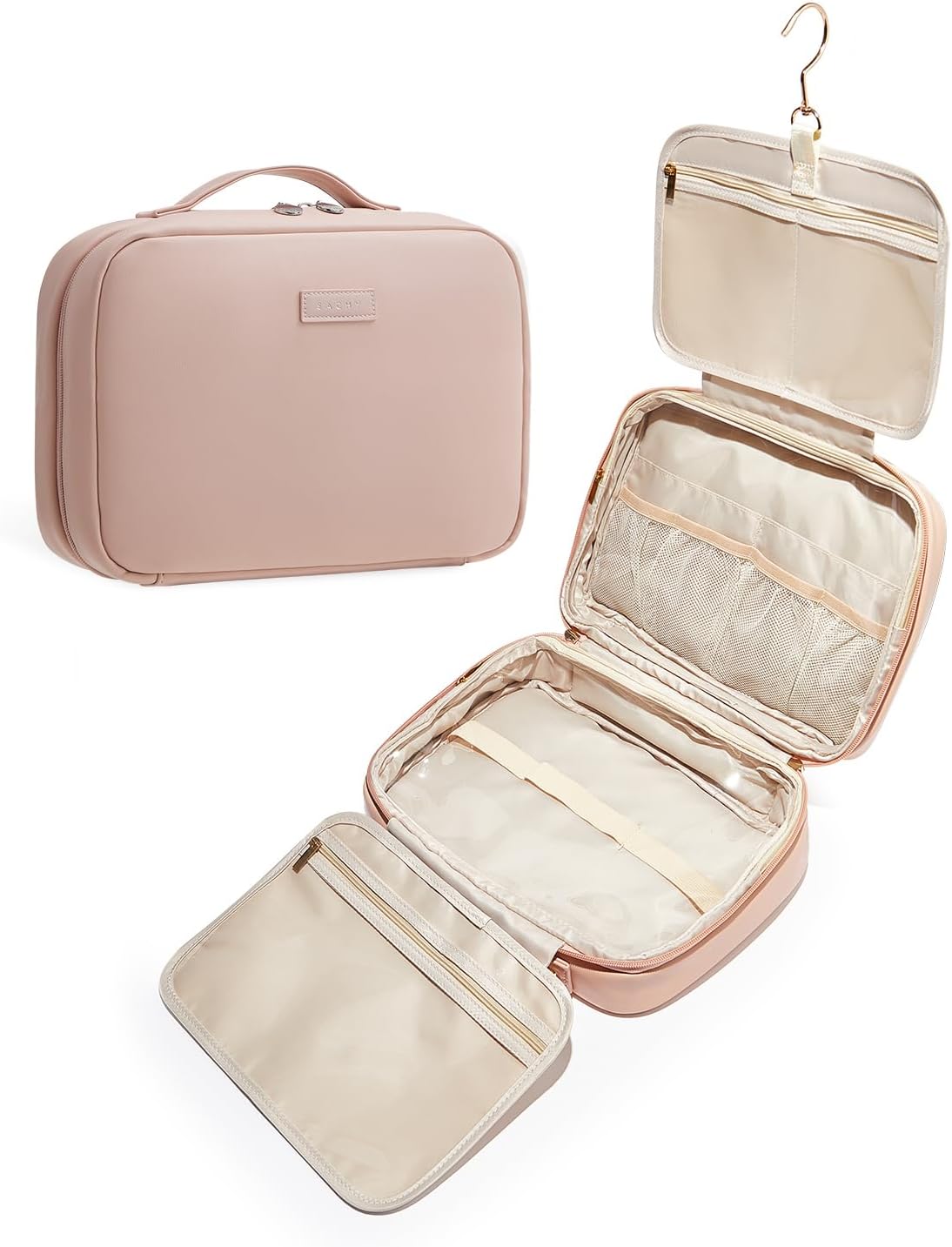 Travel Toiletry Bag - Portable Makeup Organizer with Hanging Hook | Water-Resistant Full-Size (Pink)
