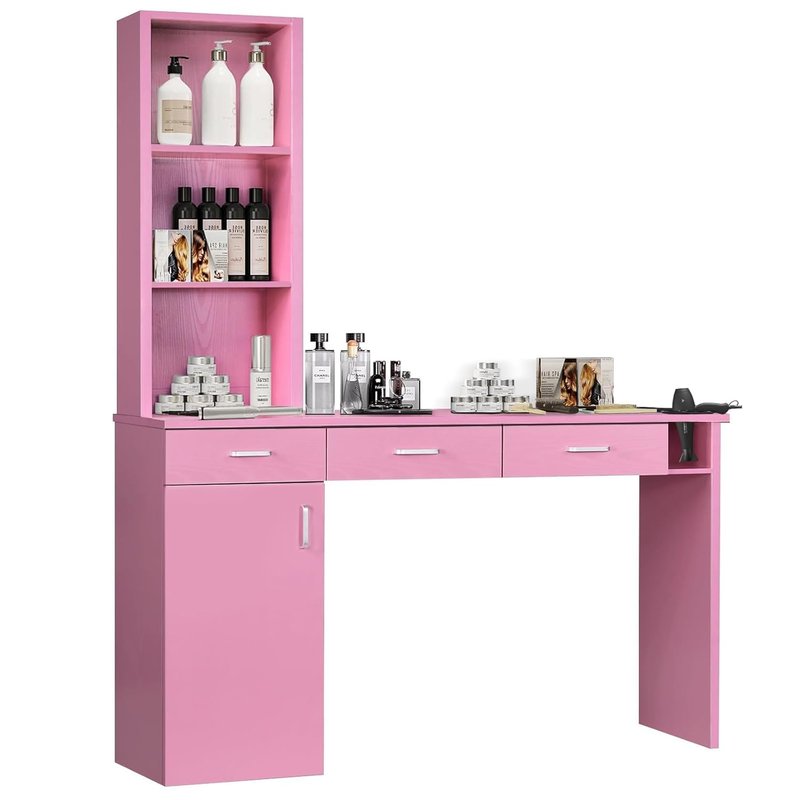 4ever2buy Barber Station for Hair Stylist, Salon Wall Station with Barber Cabinet, Hair Stations Equipment Hair Dryer Holder, Drawers (Pink)