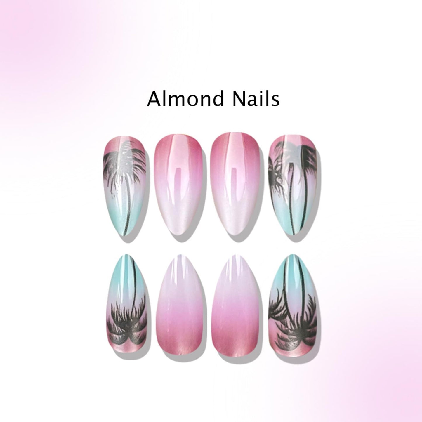 Summer Press on Nails Almond Medium Fake Nails with Pink Coconut Tree Designs Glossy Glitter Acrylic Nails Press ons, 24Pcs Reusable Stick on Nails for Women Beach Vacation Daily Wear