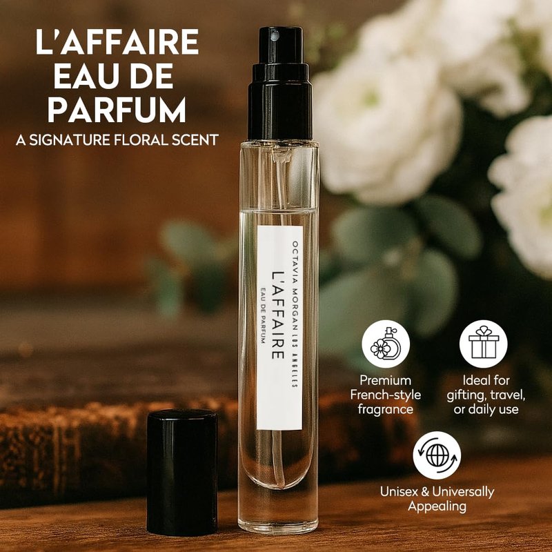 OCTAVIA MORGAN L’AFFAIRE Eau de Parfum - Floral Sweet Fragrance with Jasmine & Amberwood | 10ML Travel Size Vegan Spray for All Genders