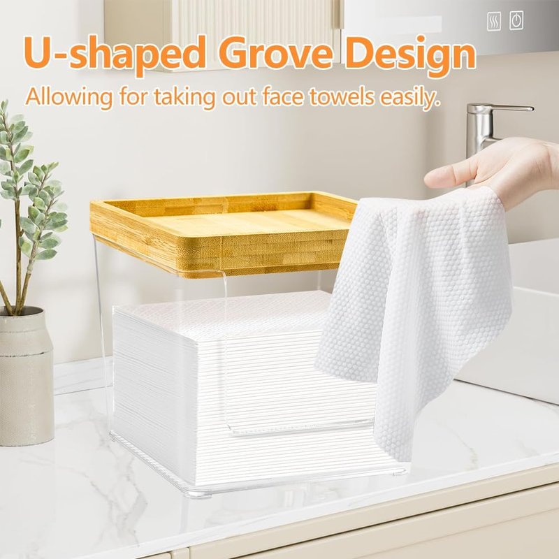 GRETJOB Acrylic Face Towel Holder Box - XL Storage Container with Bamboo Lid for Bathroom & Vanity