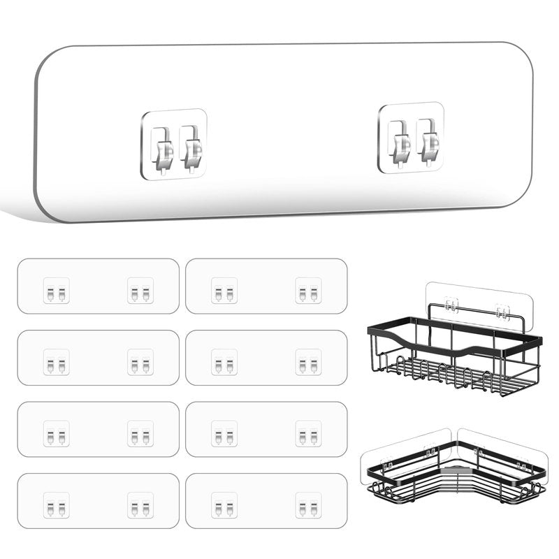 HAOBAOBEI 9-Pack Shower Caddy Adhesive Replacement, Transparent Adhesive Hooks Stickers, Strong Hook Strip for Shower Caddy Basket Shelf, Soap Holder, Bathroom Storage Corner Shelves, Kitchen Racks