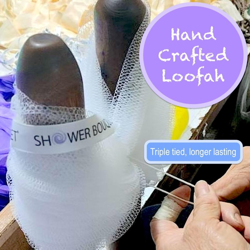 Loofah Charcoal Back Scrubber & Bath Sponge Set - 1 Long Handle Brush + 2 Extra Large 75g Soft Mesh Puffs | Unisex Exfoliating Tool