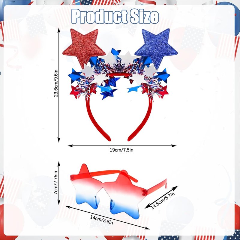 4th of July Patriotic Headband and Star Sunglasses Set Red White Blue Glitter Star Headband with Tinsel Independence Day Accessories for Women Novelty Glasses for 250th Anniversary Parade Photo Booth