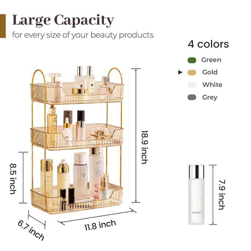 Bathroom Counter Organizer Countertop, 3 Tier Makeup Perfume Shelf Storage, Skincare Cosmetic Tray for Dresser Vanity - Gold